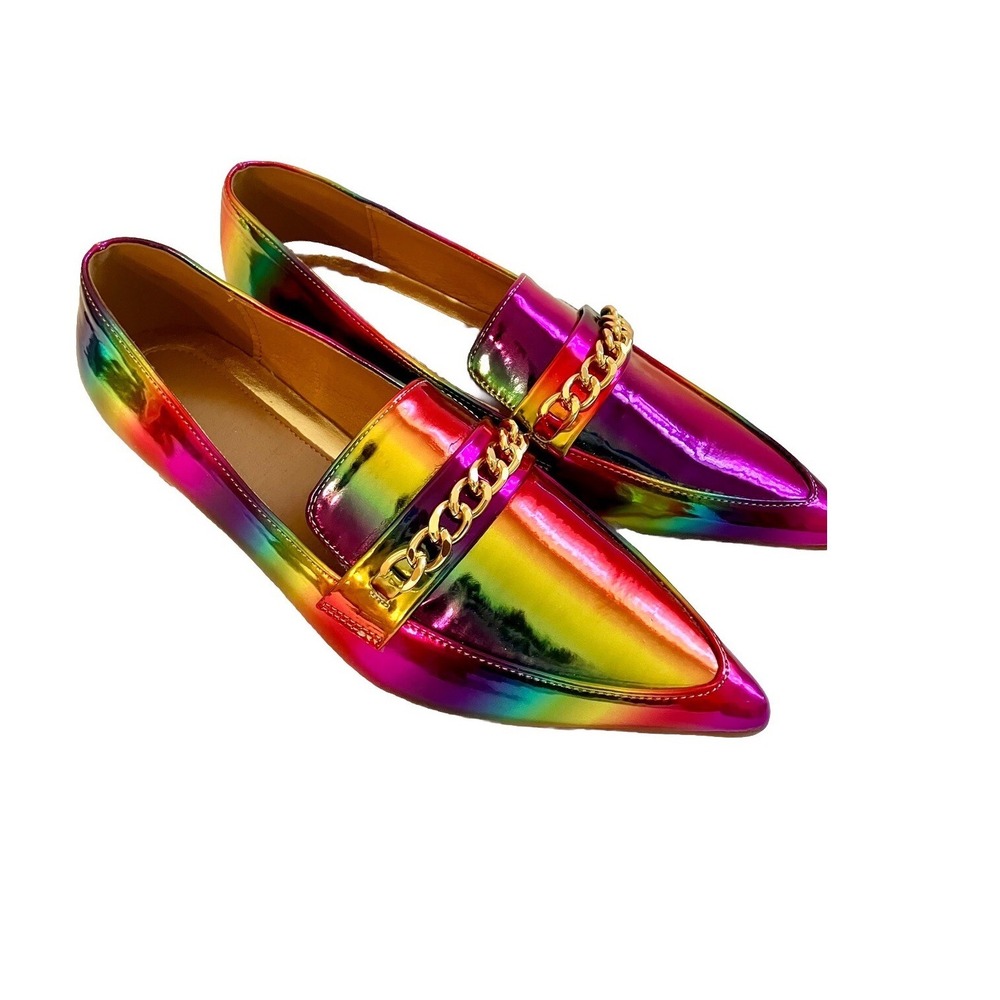 NWOT Shoes Sz 10.5 flat‎ iridescent Rainbow  metallic Chain